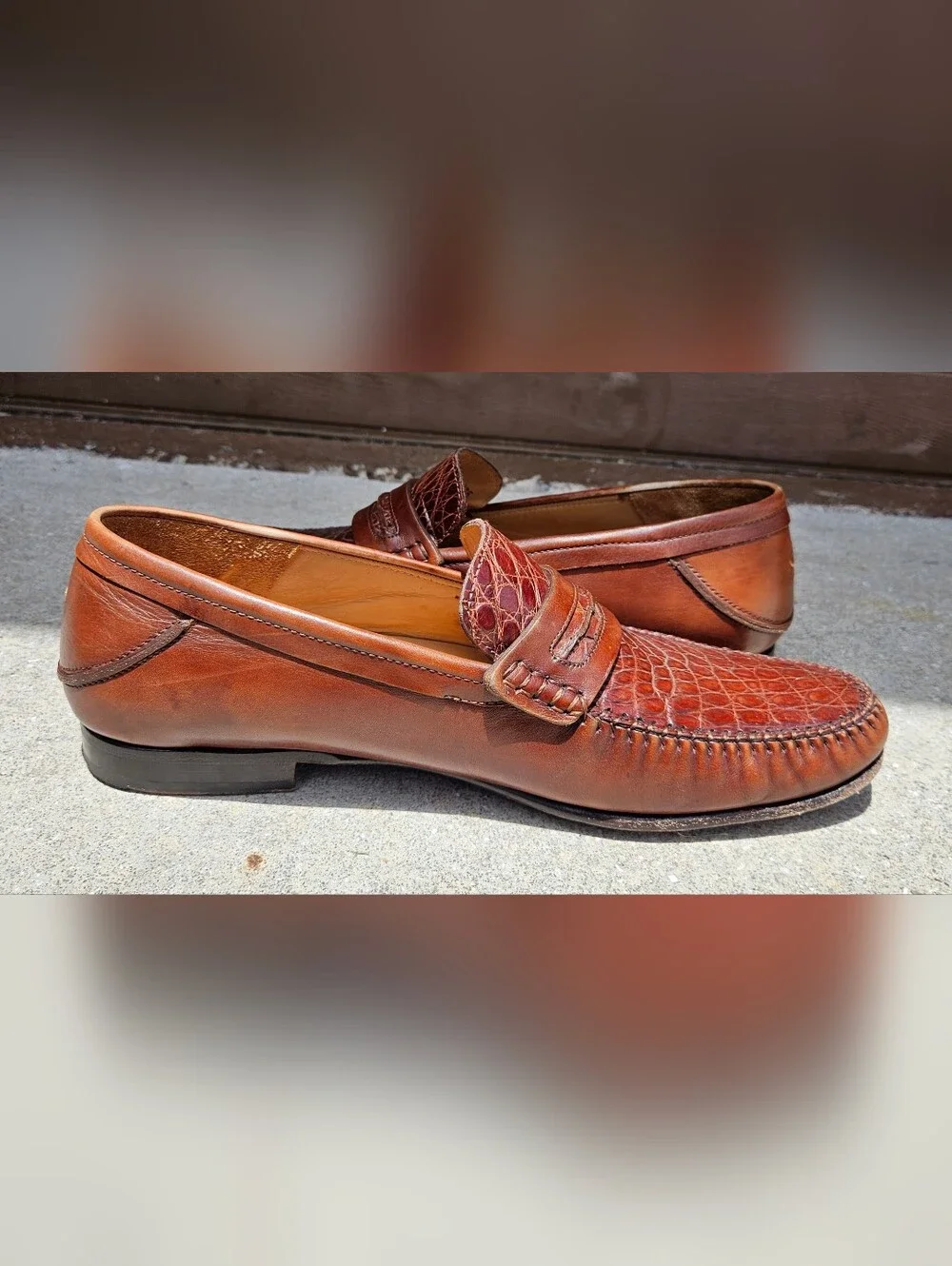 Mezlan Genuine Crocodile Brown Leather Penny Loafer Slip On Dress Shoe SZ 11.5 M